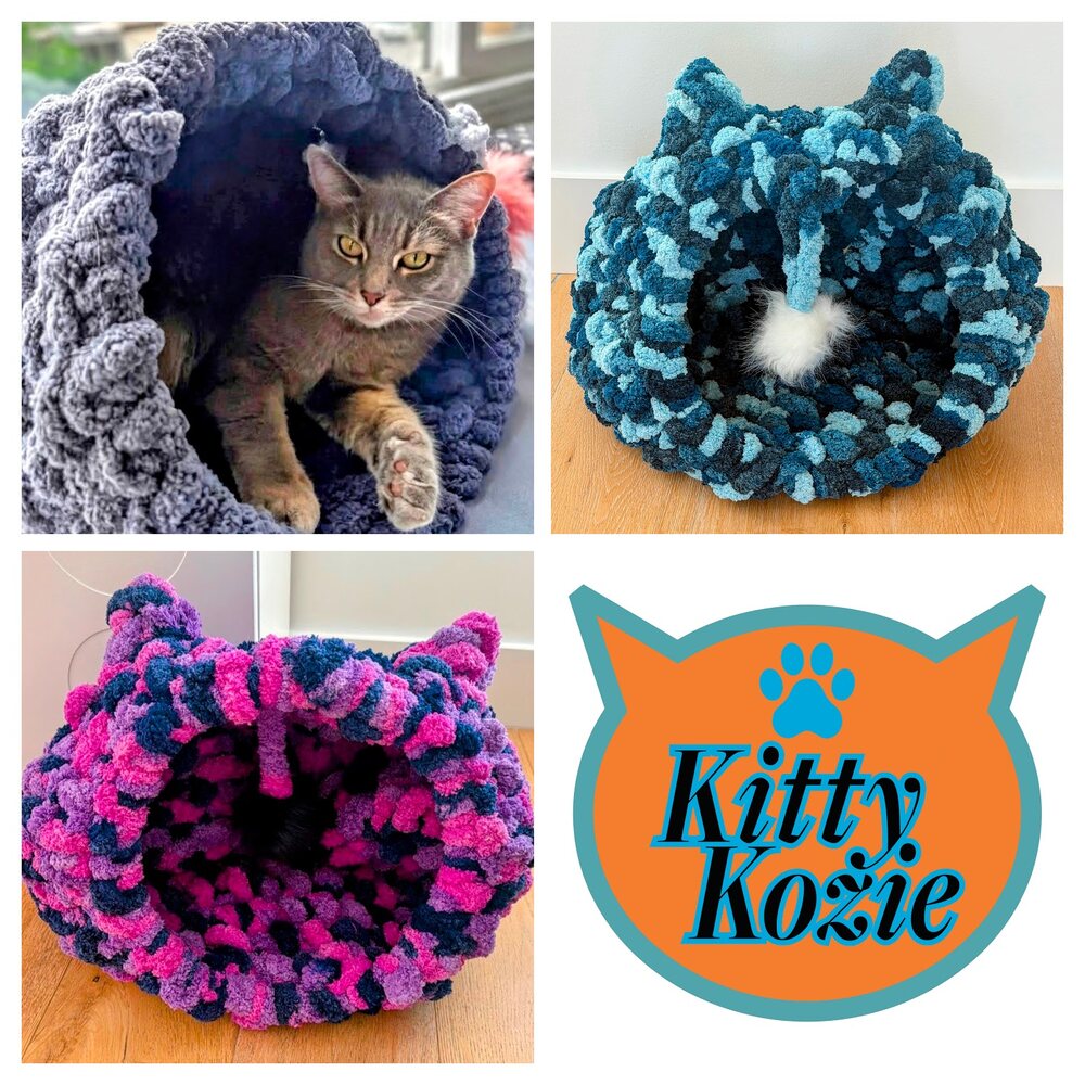 Kitty Kozie handmade chenille cat caves in gray, teal and pink-purple, with a cat relaxing inside one, and the Kitty Kozie logo